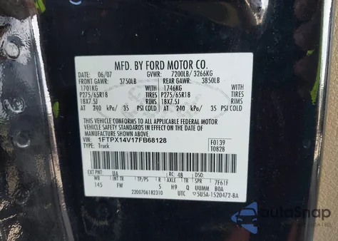 2007 Ford F-150 Fx4/Lariat/Xl/Xlt из США, поврежденный, VIN 1FTPX14V17FB68128